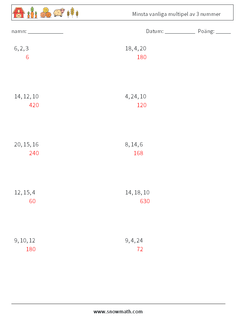 Minsta vanliga multipel av 3 nummer Matematiska arbetsblad 7 Fråga, svar