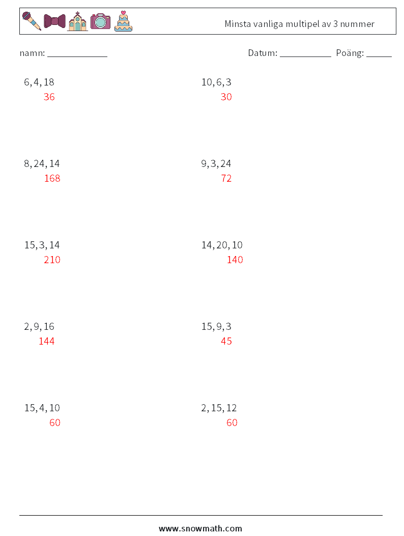 Minsta vanliga multipel av 3 nummer Matematiska arbetsblad 9 Fråga, svar