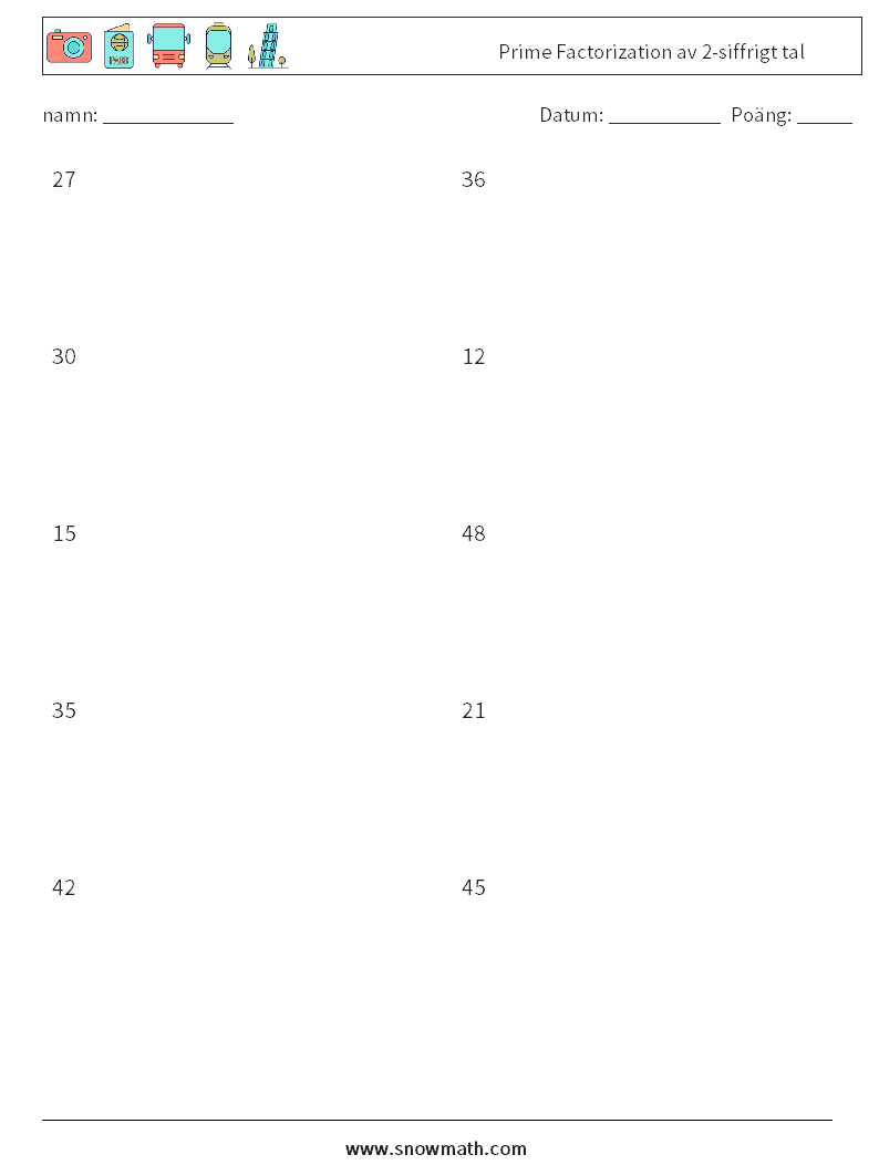 Prime Factorization av 2-siffrigt tal Matematiska arbetsblad 1