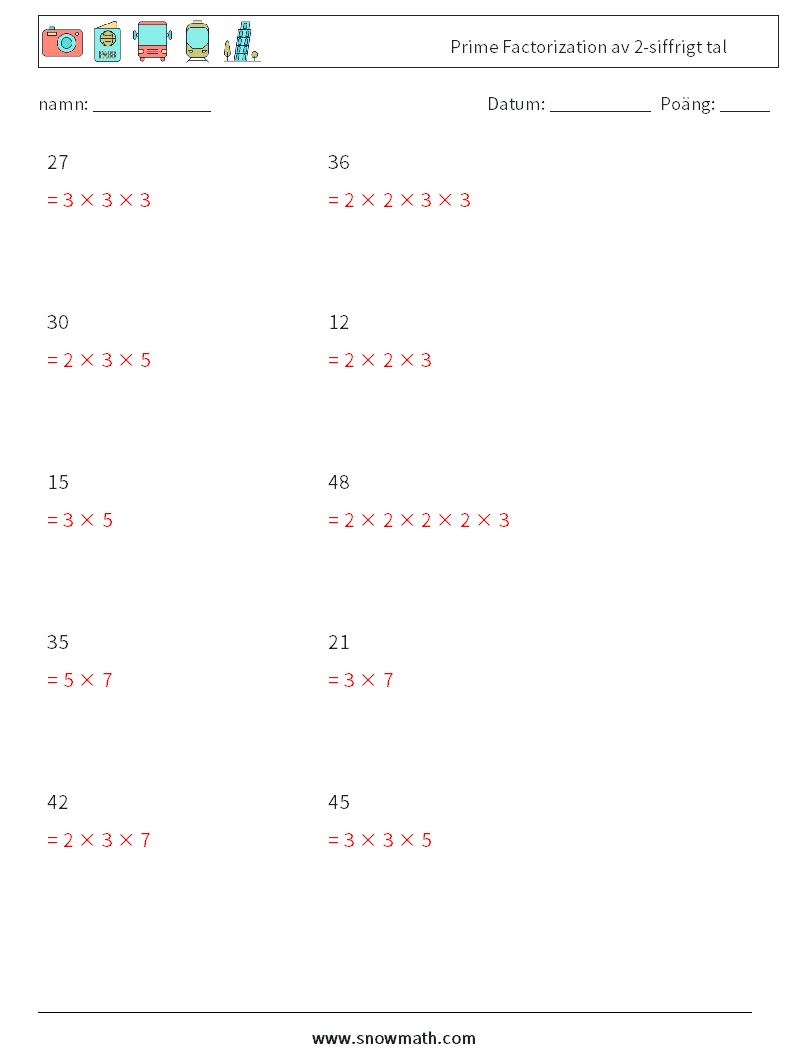 Prime Factorization av 2-siffrigt tal Matematiska arbetsblad 1 Fråga, svar