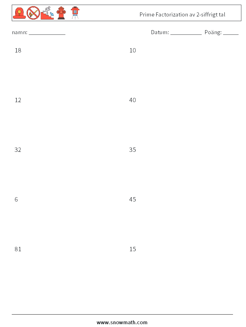 Prime Factorization av 2-siffrigt tal Matematiska arbetsblad 2