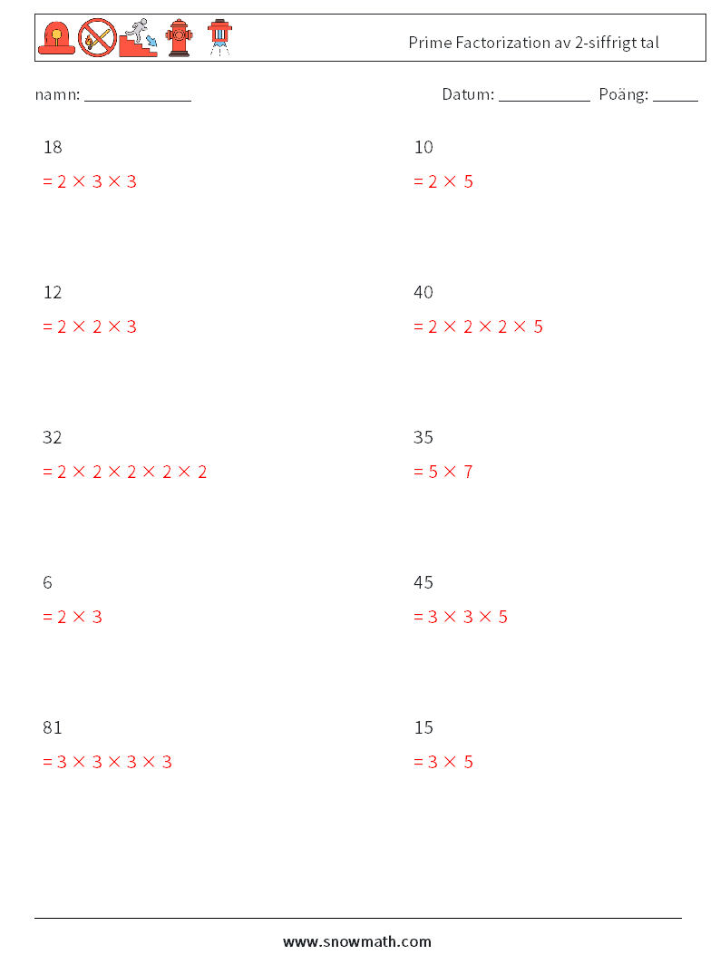 Prime Factorization av 2-siffrigt tal Matematiska arbetsblad 2 Fråga, svar