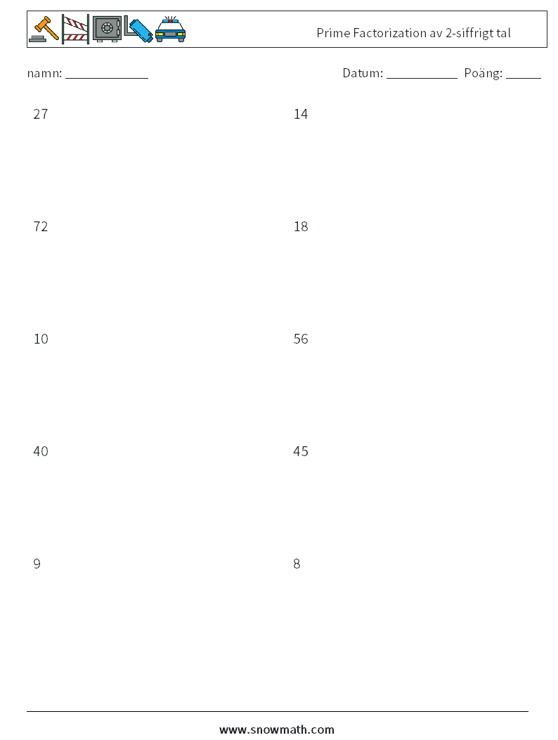 Prime Factorization av 2-siffrigt tal Matematiska arbetsblad 3