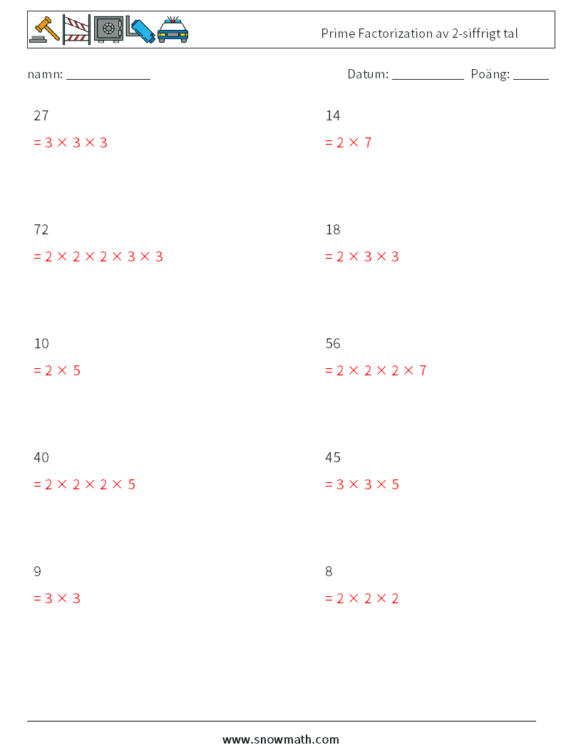 Prime Factorization av 2-siffrigt tal Matematiska arbetsblad 3 Fråga, svar