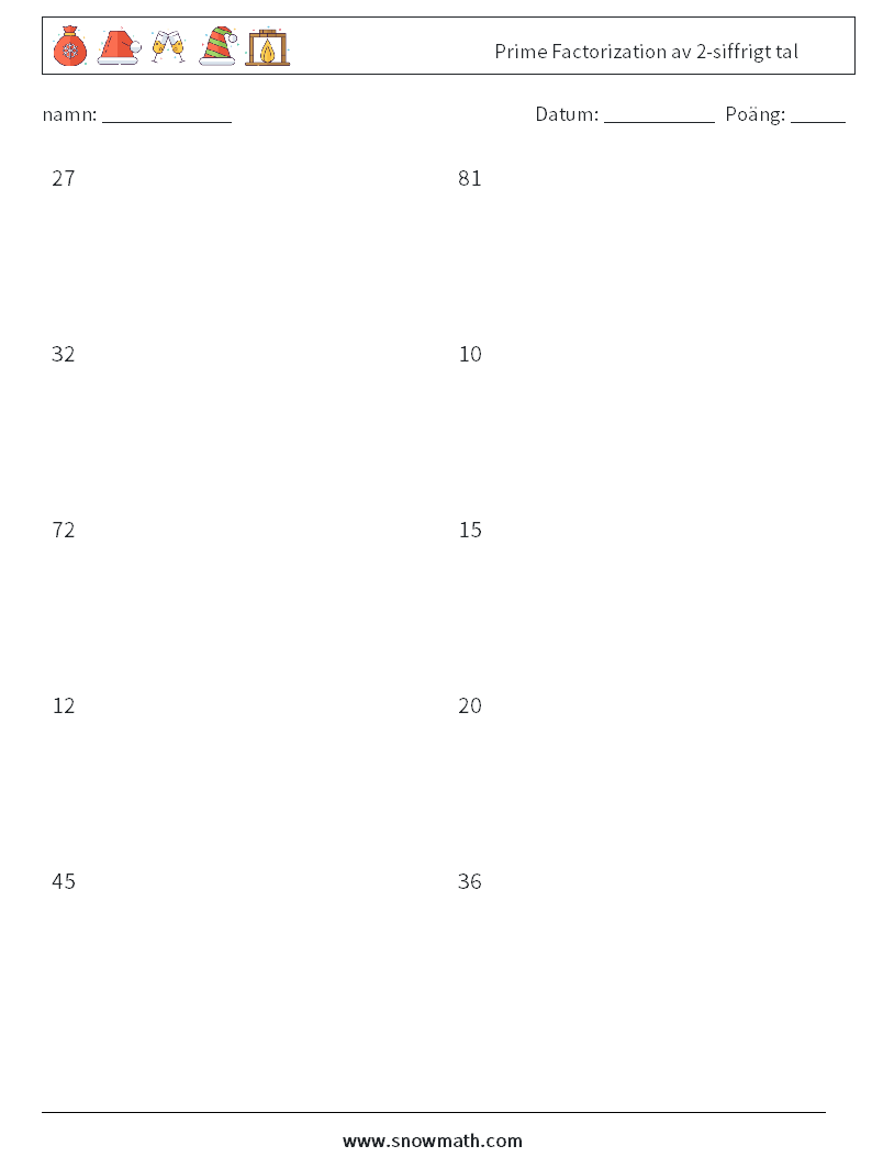 Prime Factorization av 2-siffrigt tal Matematiska arbetsblad 4