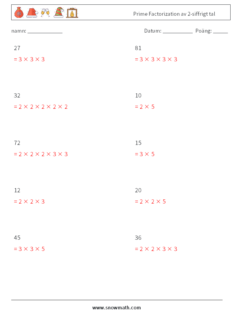 Prime Factorization av 2-siffrigt tal Matematiska arbetsblad 4 Fråga, svar