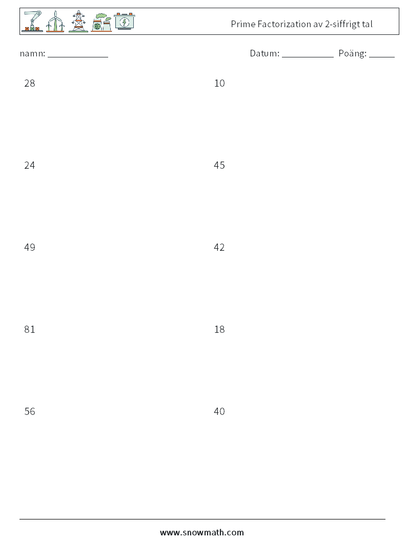 Prime Factorization av 2-siffrigt tal Matematiska arbetsblad 5