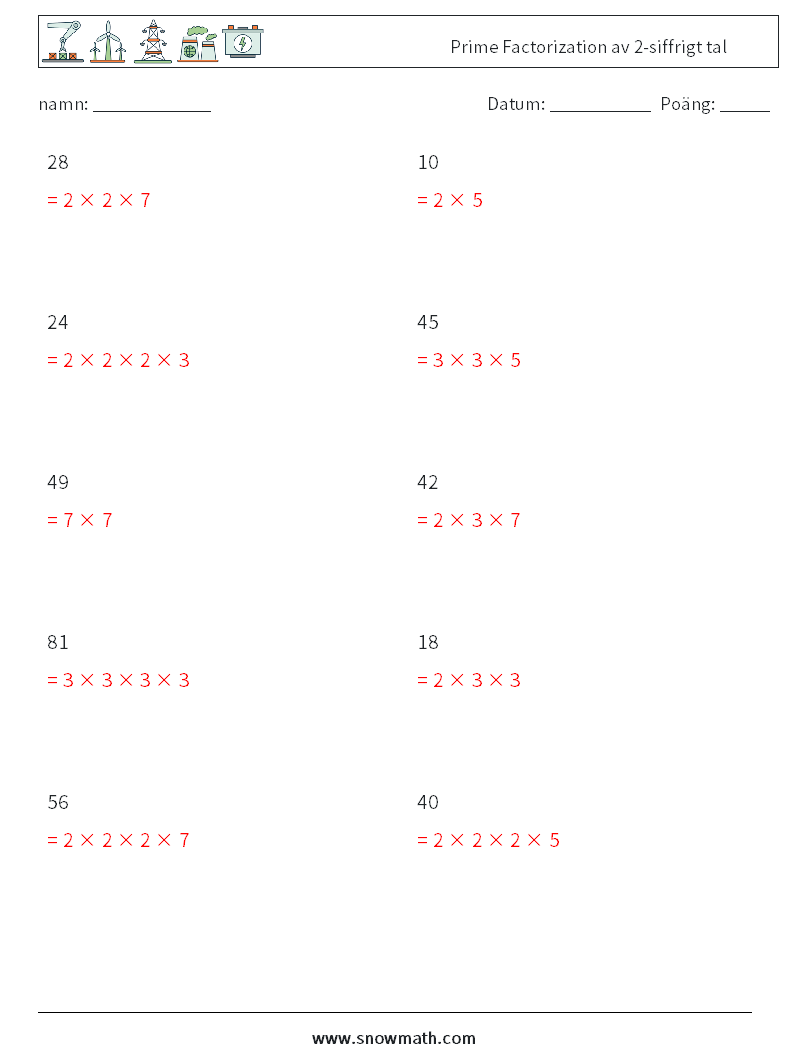 Prime Factorization av 2-siffrigt tal Matematiska arbetsblad 5 Fråga, svar