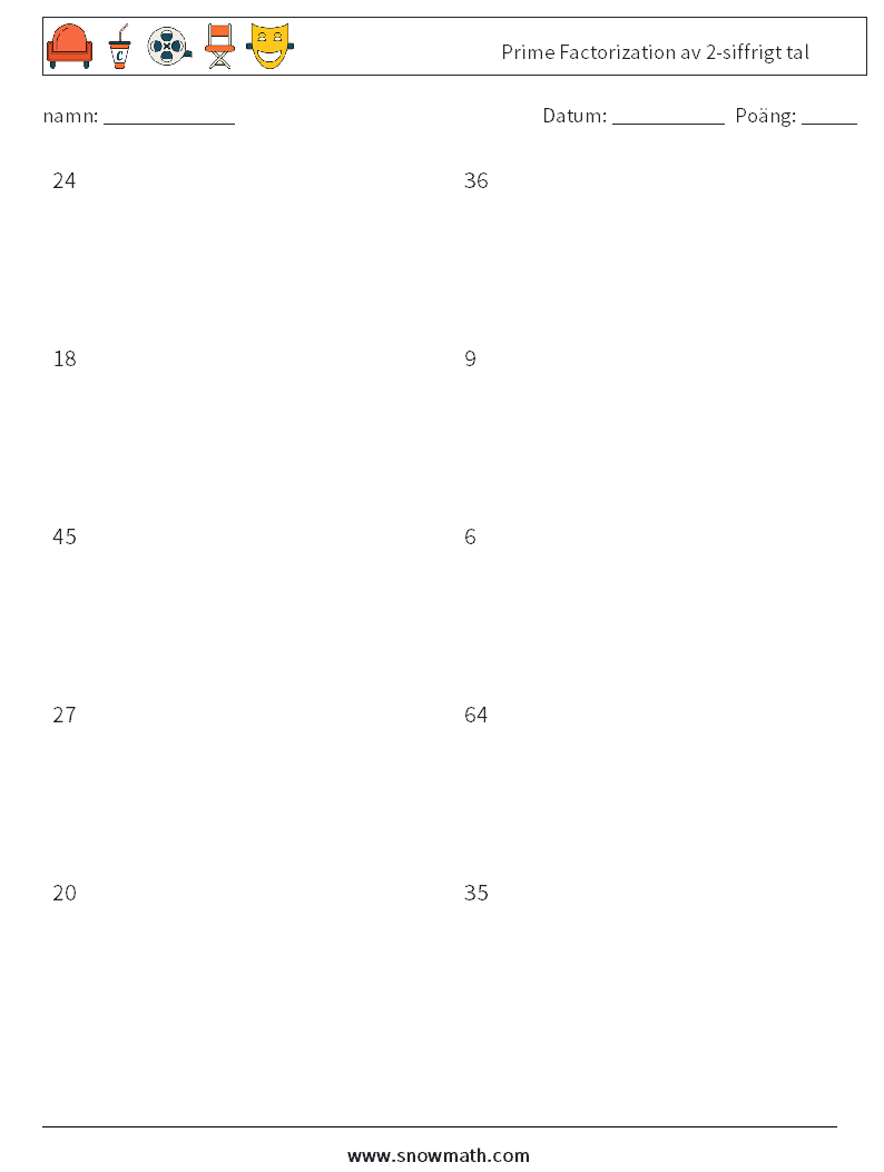 Prime Factorization av 2-siffrigt tal Matematiska arbetsblad 6