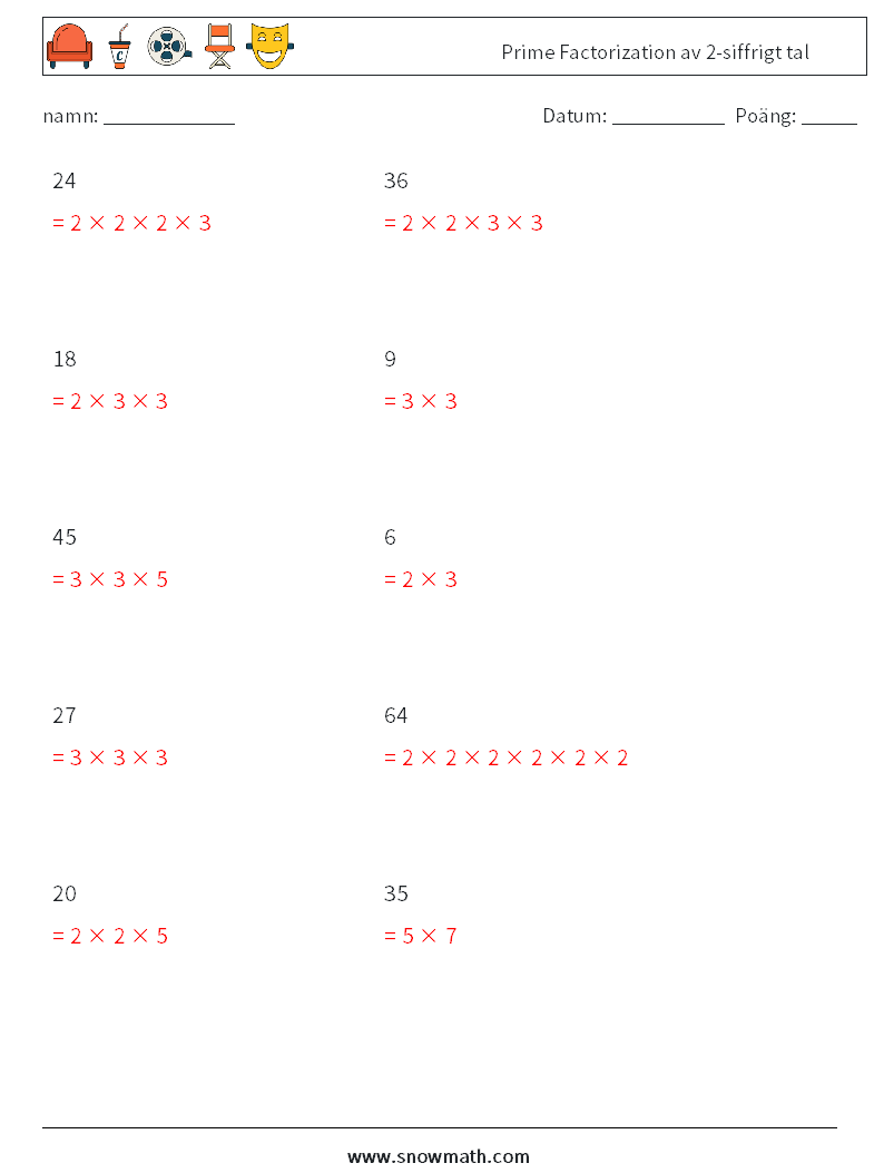Prime Factorization av 2-siffrigt tal Matematiska arbetsblad 6 Fråga, svar