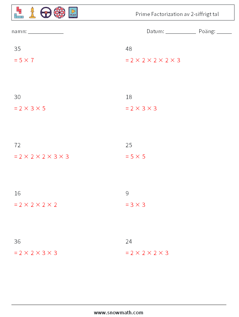 Prime Factorization av 2-siffrigt tal Matematiska arbetsblad 7 Fråga, svar