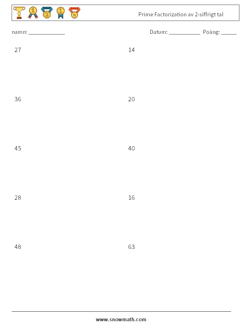 Prime Factorization av 2-siffrigt tal Matematiska arbetsblad 8