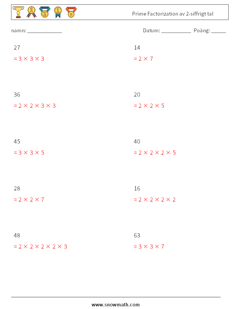 Prime Factorization av 2-siffrigt tal Matematiska arbetsblad 8 Fråga, svar