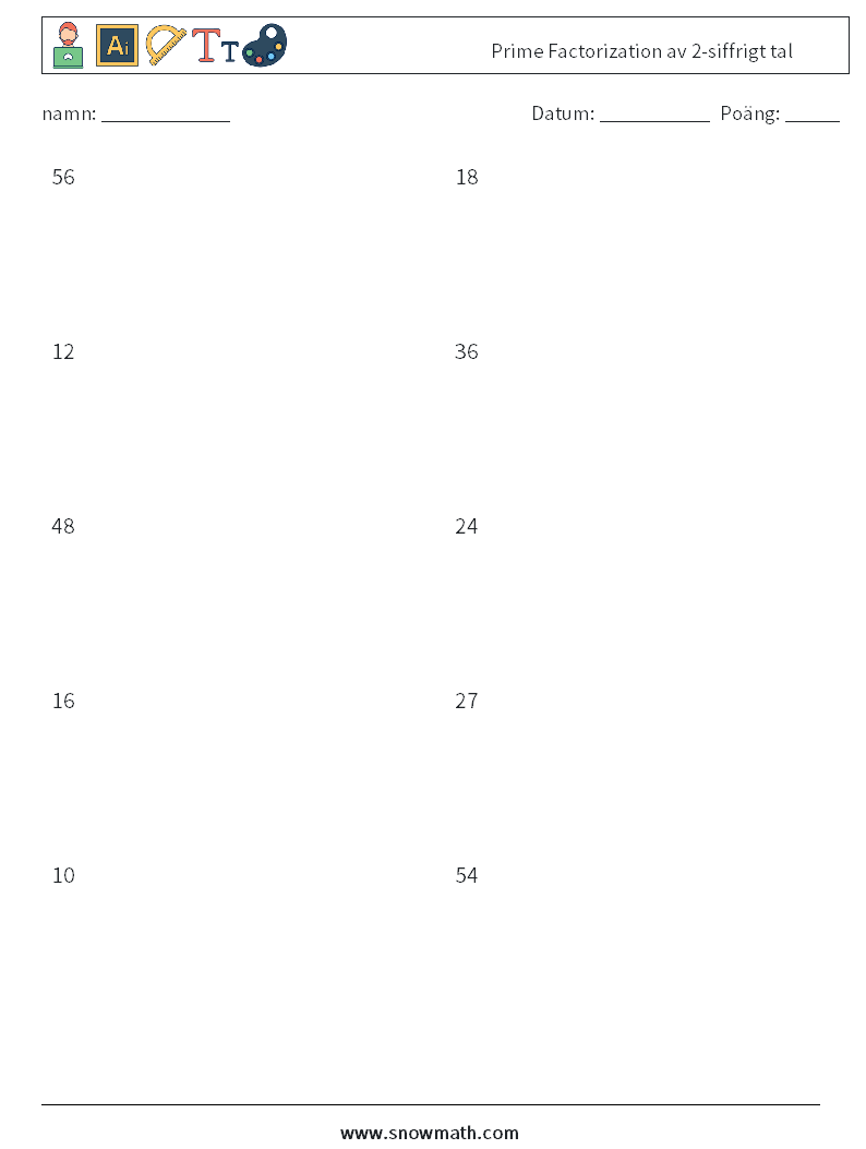 Prime Factorization av 2-siffrigt tal Matematiska arbetsblad 9