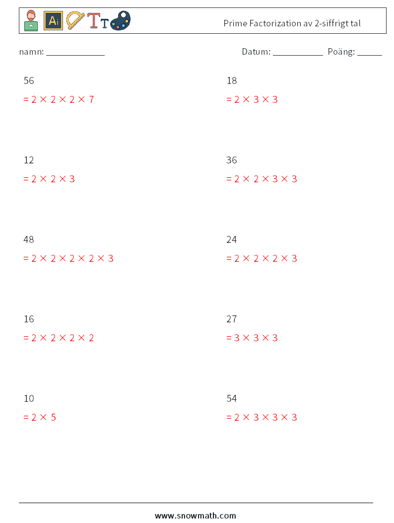 Prime Factorization av 2-siffrigt tal Matematiska arbetsblad 9 Fråga, svar