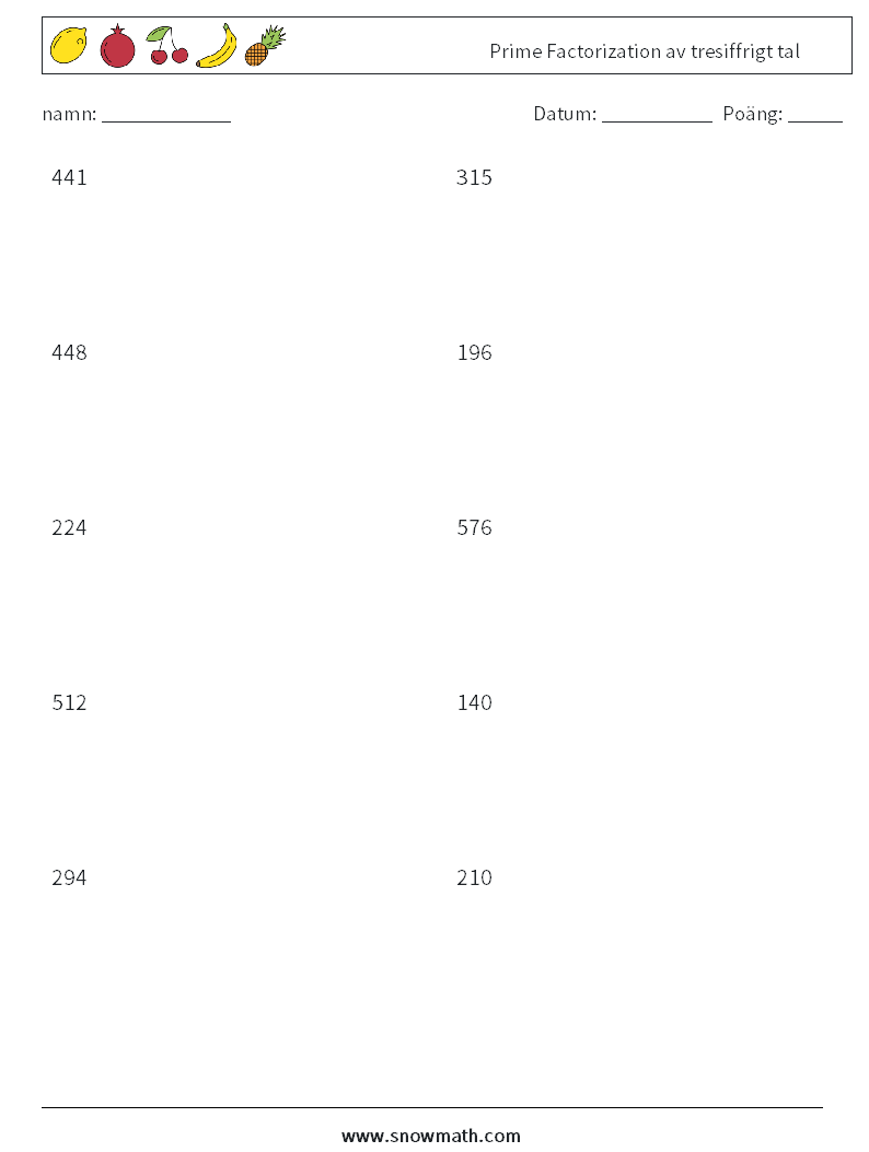 Prime Factorization av tresiffrigt tal Matematiska arbetsblad 1