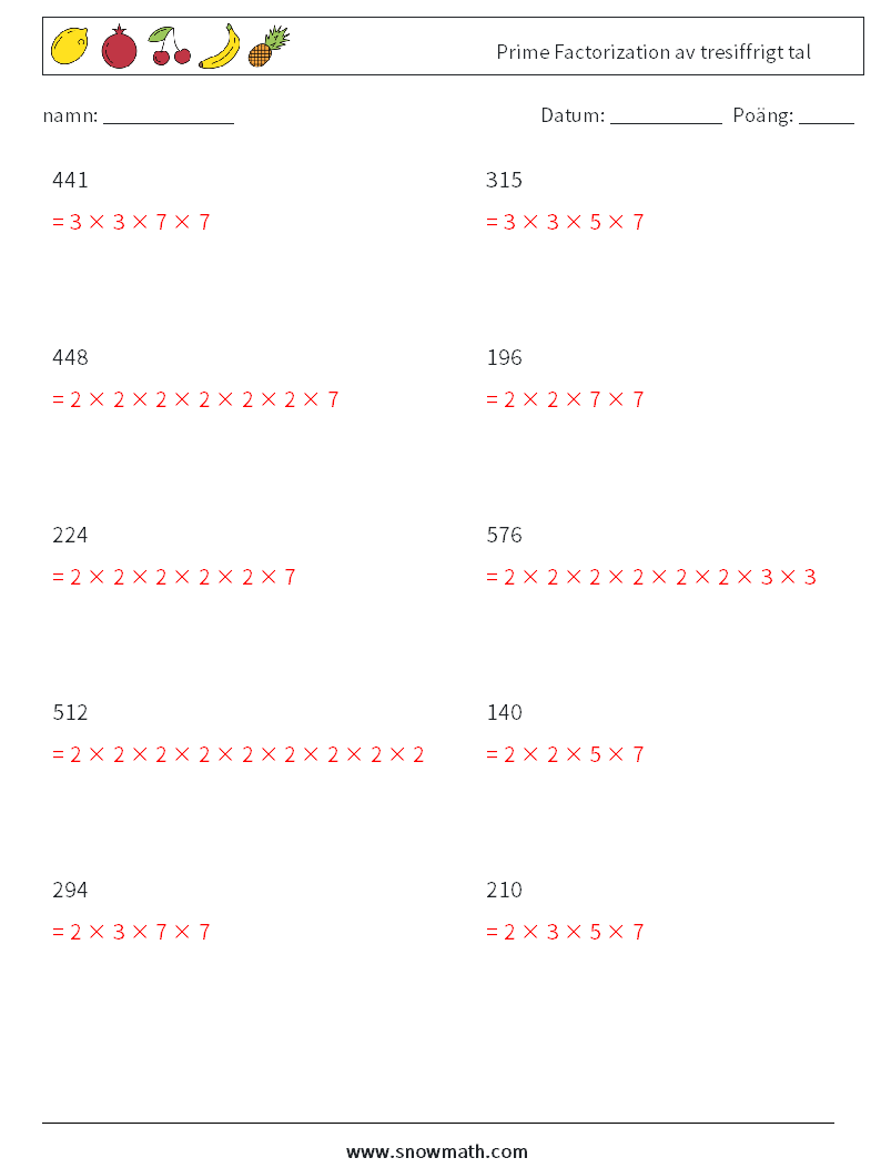 Prime Factorization av tresiffrigt tal Matematiska arbetsblad 1 Fråga, svar