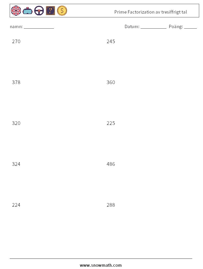 Prime Factorization av tresiffrigt tal Matematiska arbetsblad 2