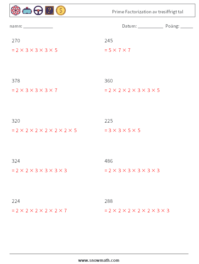 Prime Factorization av tresiffrigt tal Matematiska arbetsblad 2 Fråga, svar