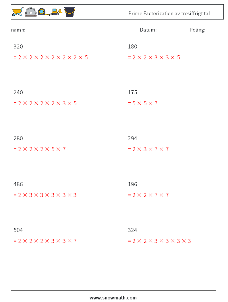 Prime Factorization av tresiffrigt tal Matematiska arbetsblad 3 Fråga, svar