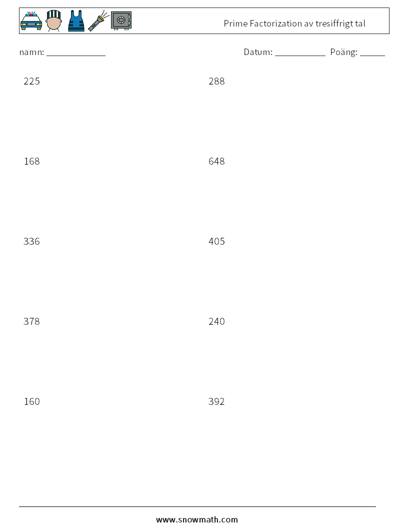 Prime Factorization av tresiffrigt tal Matematiska arbetsblad 6