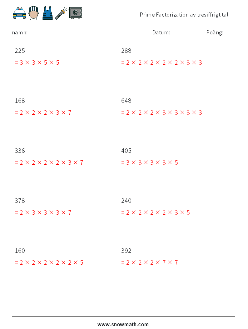 Prime Factorization av tresiffrigt tal Matematiska arbetsblad 6 Fråga, svar