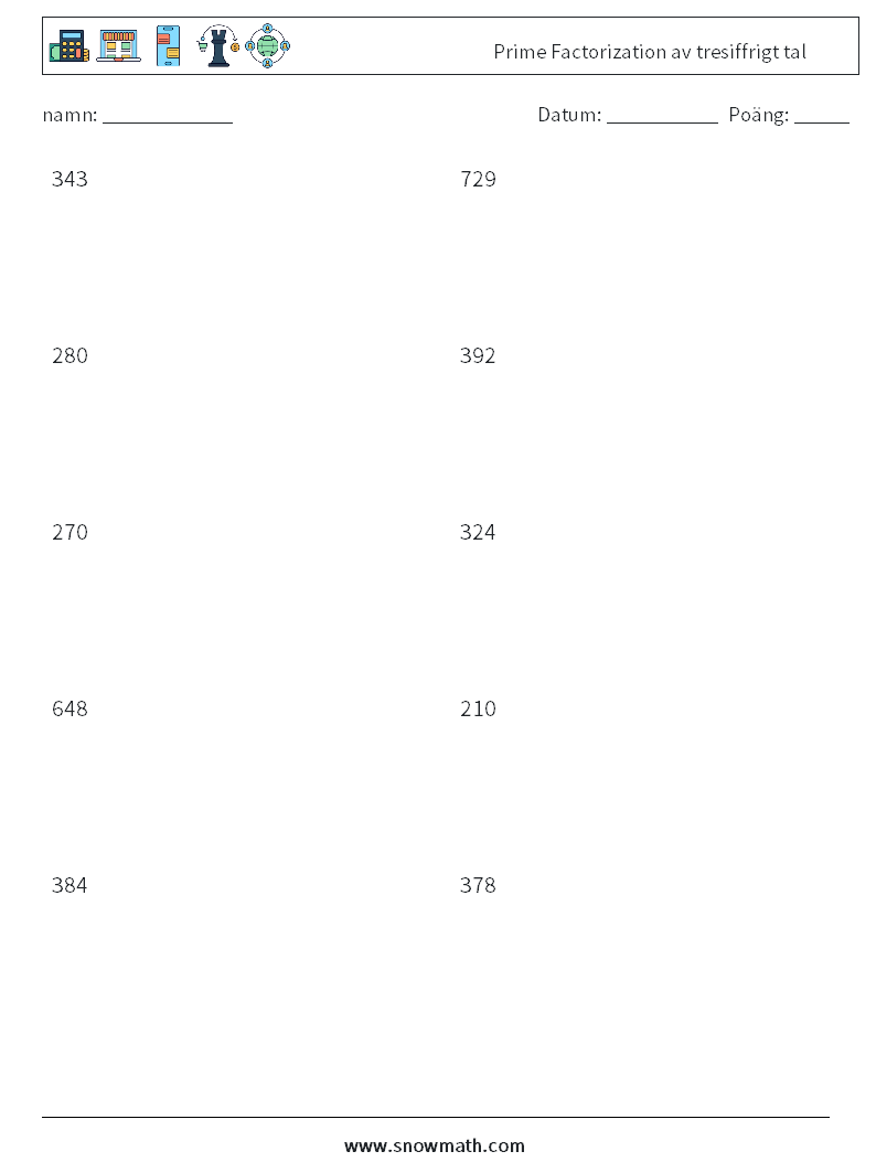 Prime Factorization av tresiffrigt tal Matematiska arbetsblad 7