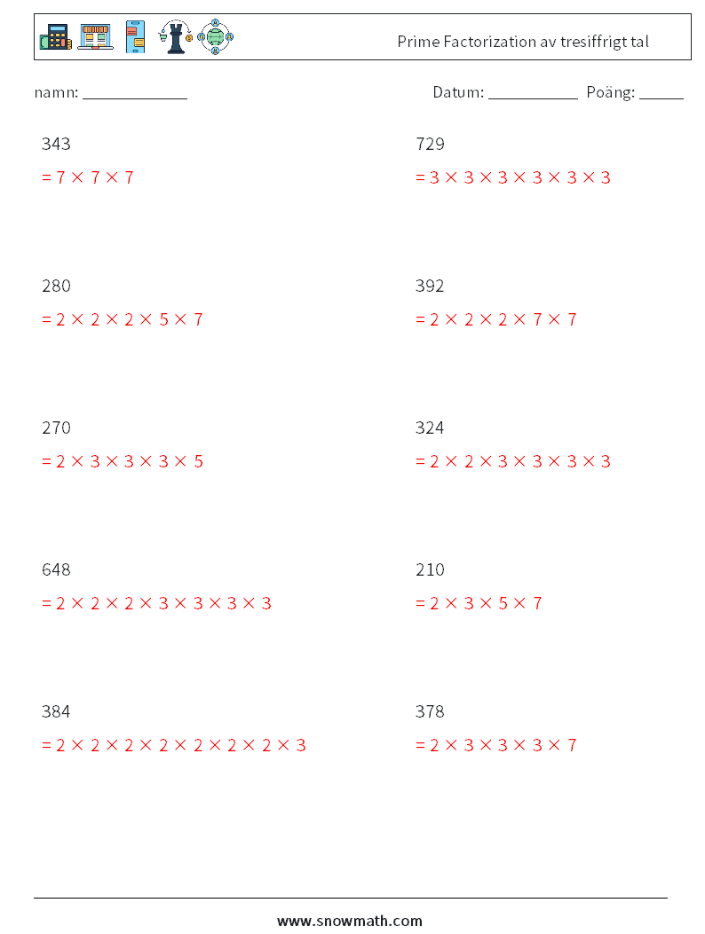 Prime Factorization av tresiffrigt tal Matematiska arbetsblad 7 Fråga, svar