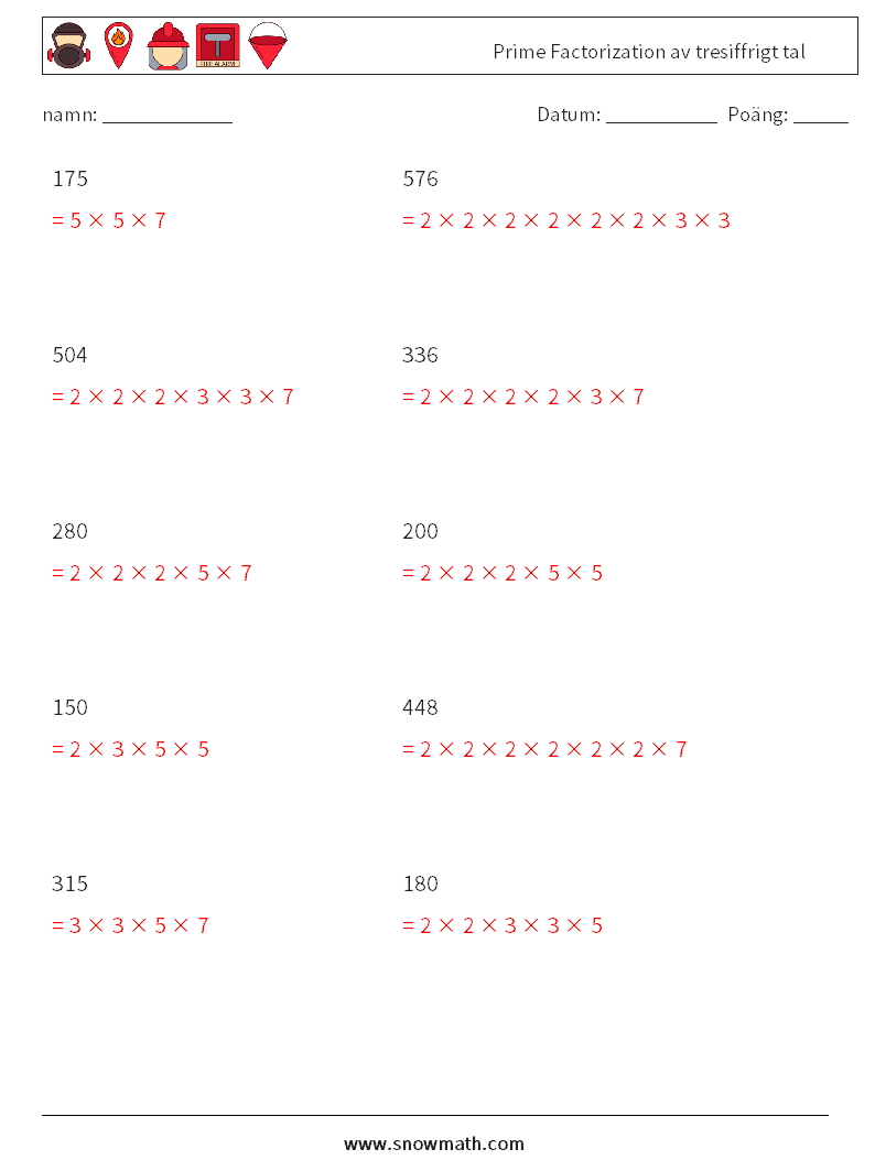 Prime Factorization av tresiffrigt tal Matematiska arbetsblad 8 Fråga, svar