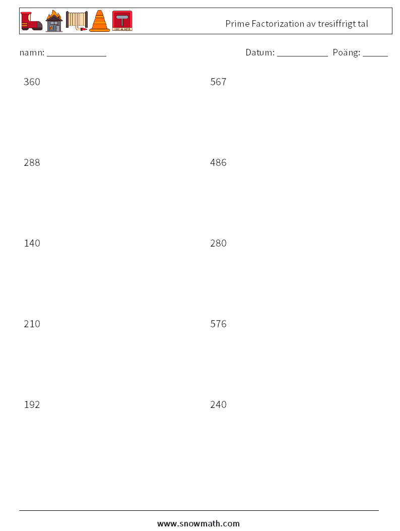 Prime Factorization av tresiffrigt tal Matematiska arbetsblad 9