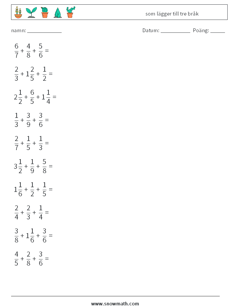 (10) som lägger till tre bråk Matematiska arbetsblad 1