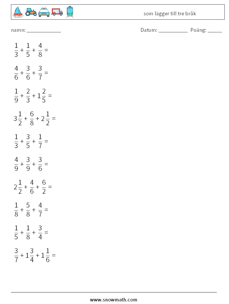 (10) som lägger till tre bråk Matematiska arbetsblad 10