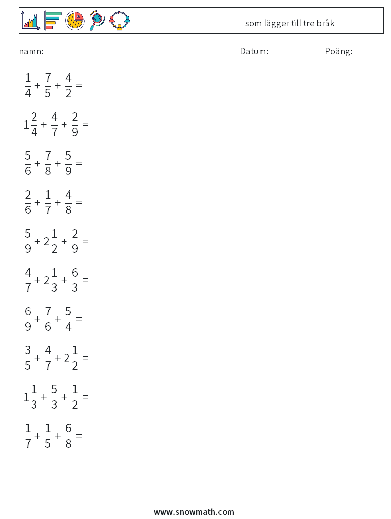 (10) som lägger till tre bråk Matematiska arbetsblad 11