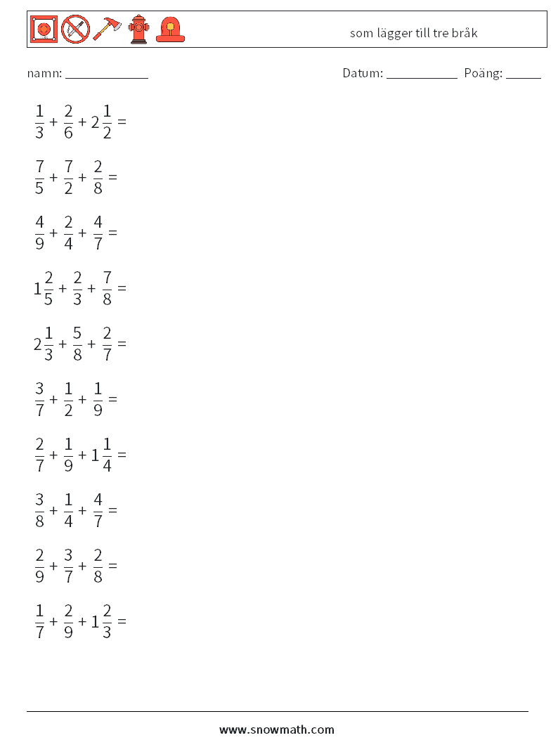 (10) som lägger till tre bråk Matematiska arbetsblad 12