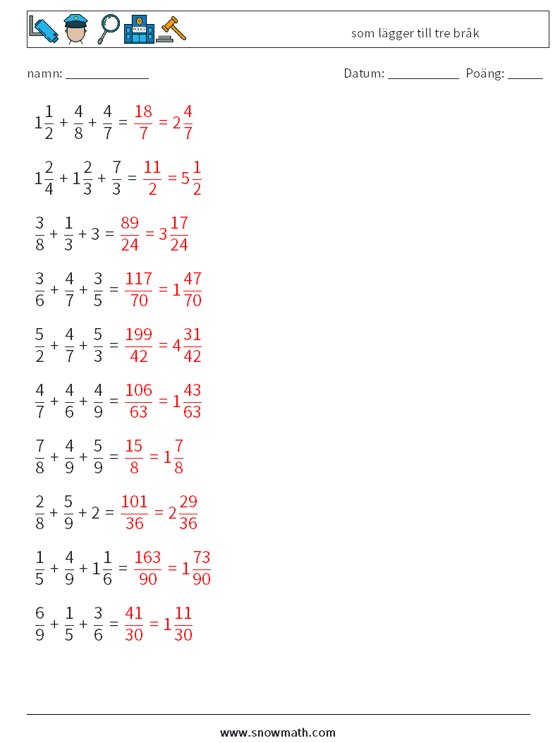 (10) som lägger till tre bråk Matematiska arbetsblad 13 Fråga, svar