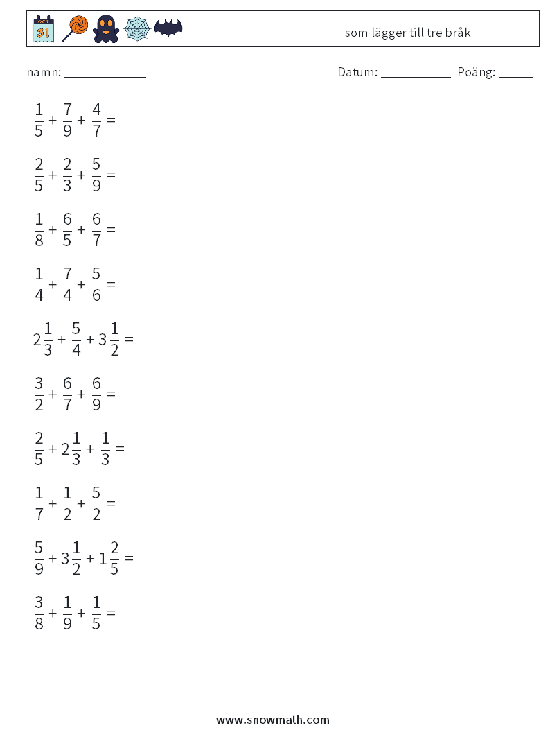 (10) som lägger till tre bråk Matematiska arbetsblad 14