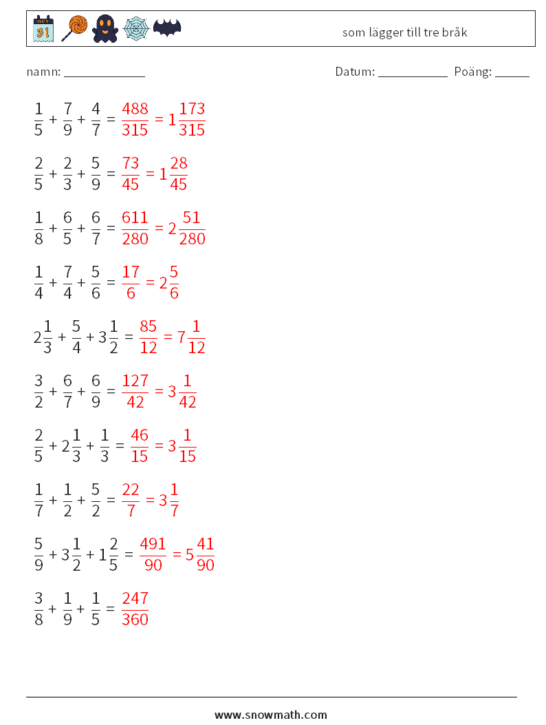 (10) som lägger till tre bråk Matematiska arbetsblad 14 Fråga, svar