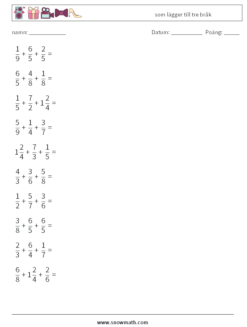 (10) som lägger till tre bråk Matematiska arbetsblad 16