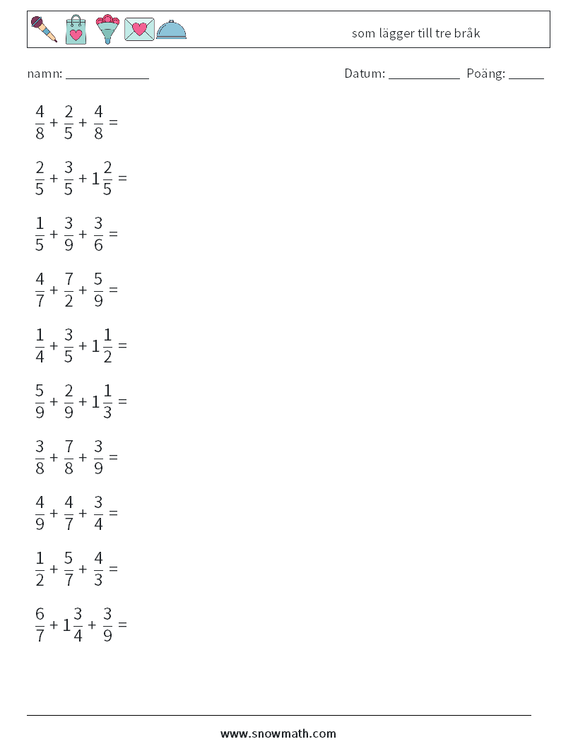 (10) som lägger till tre bråk Matematiska arbetsblad 18