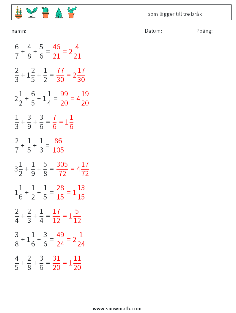 (10) som lägger till tre bråk Matematiska arbetsblad 1 Fråga, svar