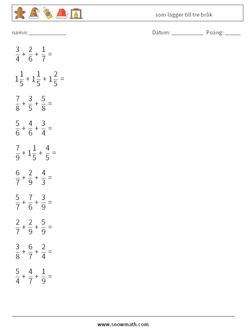 (10) som lägger till tre bråk Matematiska arbetsblad 2