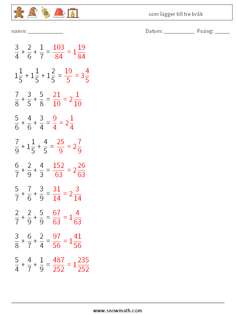 (10) som lägger till tre bråk Matematiska arbetsblad 2 Fråga, svar