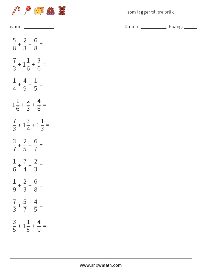 (10) som lägger till tre bråk Matematiska arbetsblad 3