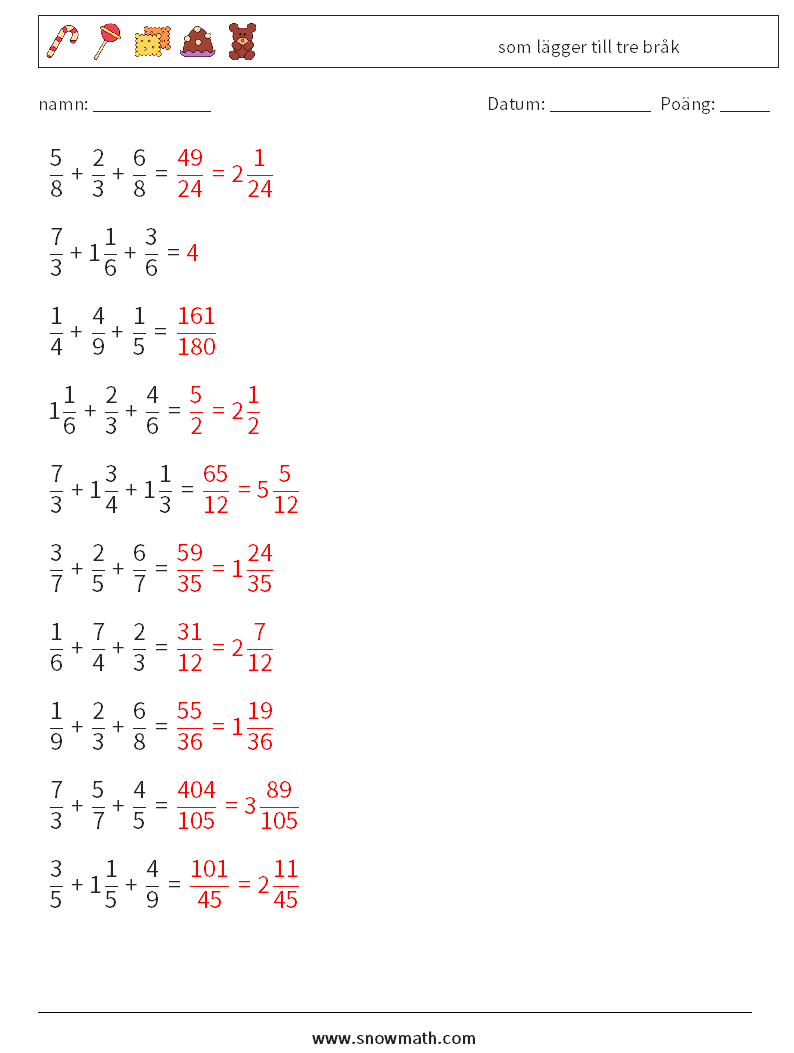 (10) som lägger till tre bråk Matematiska arbetsblad 3 Fråga, svar