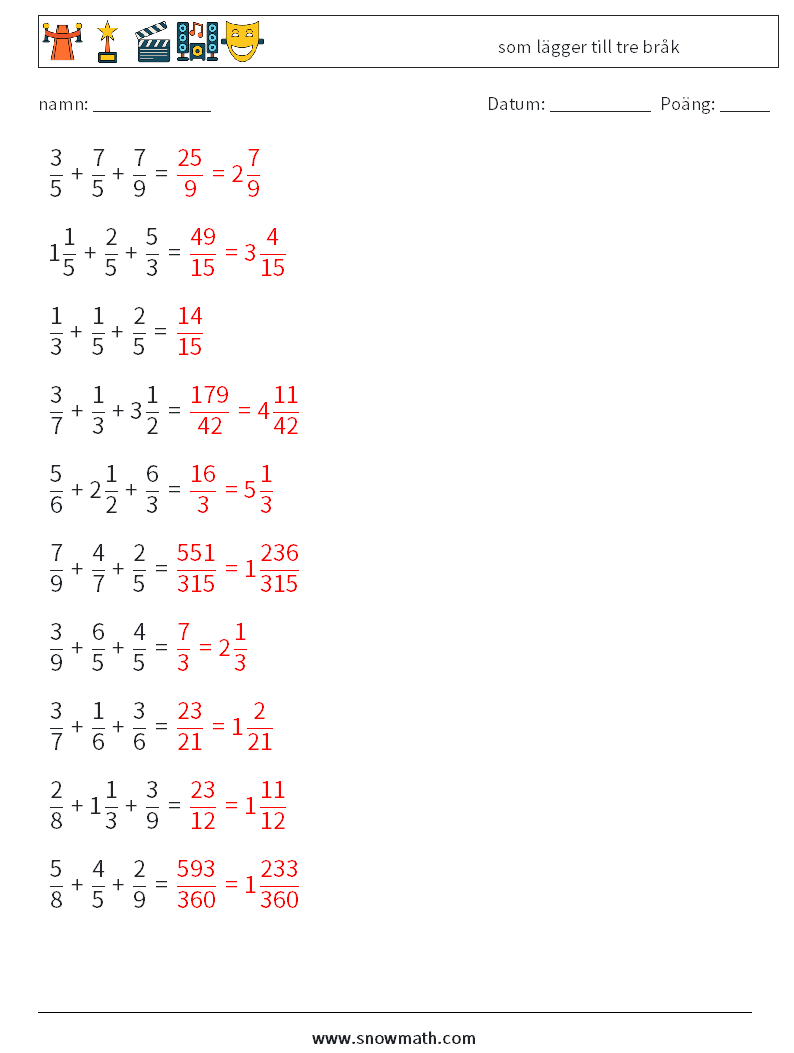 (10) som lägger till tre bråk Matematiska arbetsblad 4 Fråga, svar