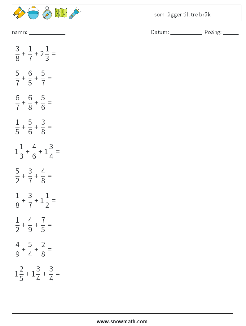 (10) som lägger till tre bråk Matematiska arbetsblad 5