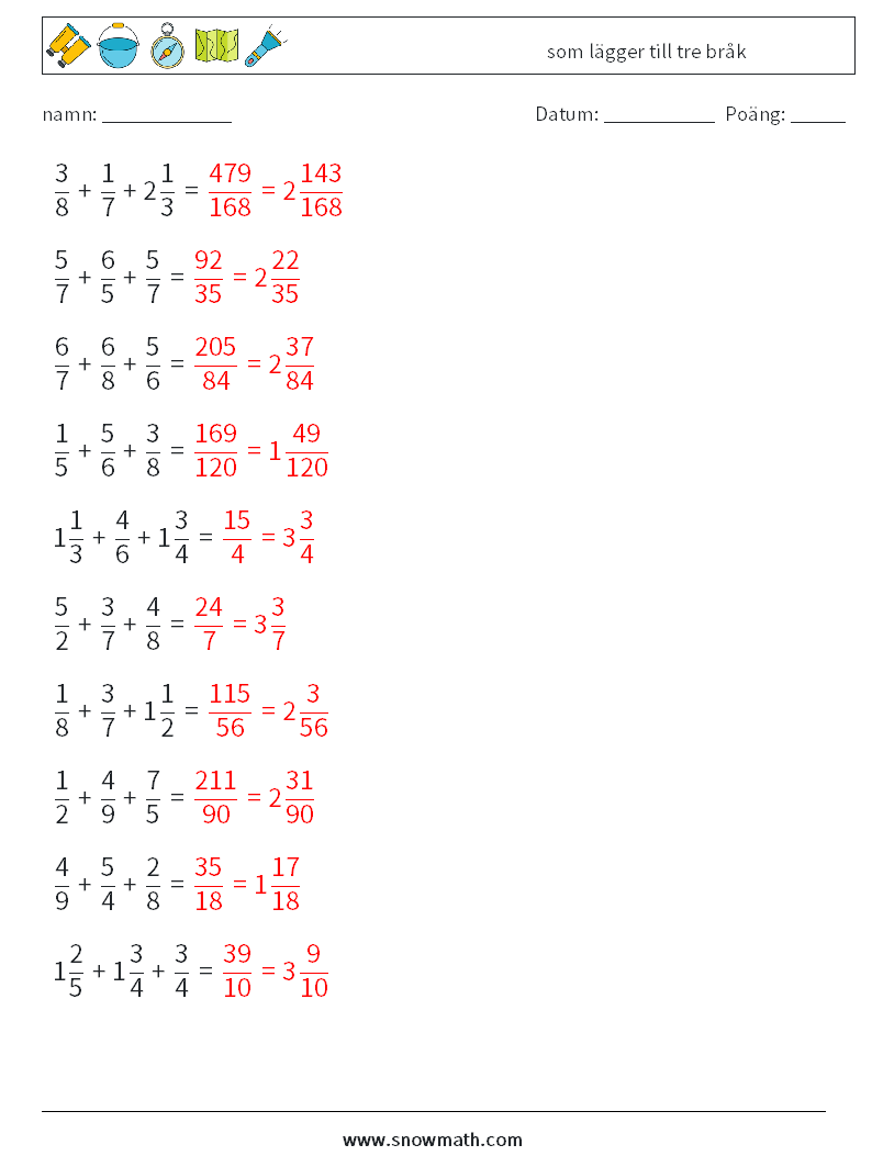 (10) som lägger till tre bråk Matematiska arbetsblad 5 Fråga, svar