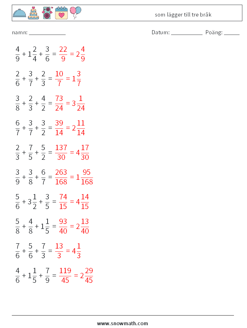 (10) som lägger till tre bråk Matematiska arbetsblad 6 Fråga, svar