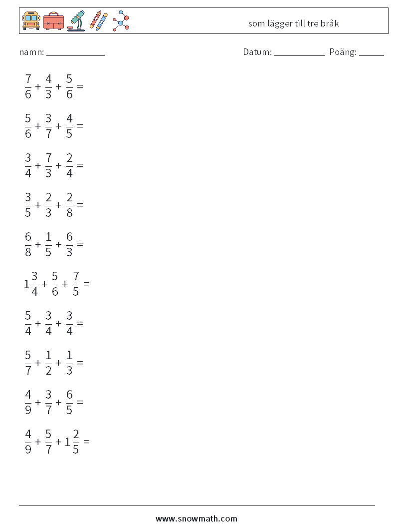 (10) som lägger till tre bråk Matematiska arbetsblad 7