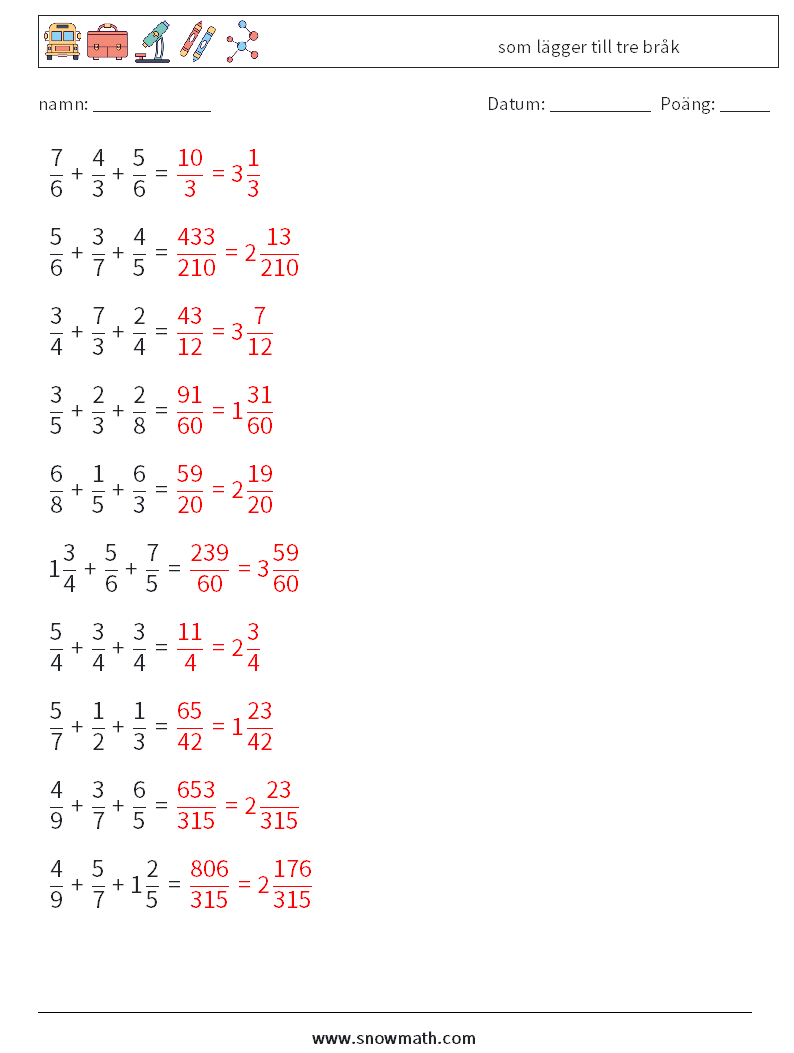 (10) som lägger till tre bråk Matematiska arbetsblad 7 Fråga, svar